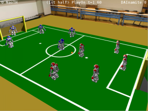 A full SPL game is simulated with virtual vision.